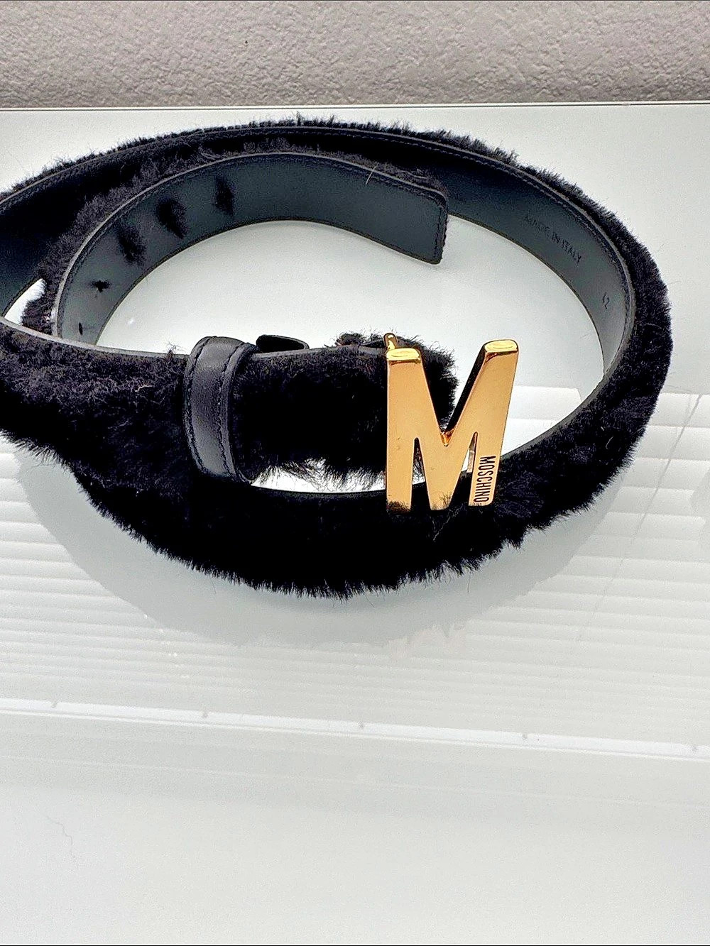 Moschino Faux Fur Trim Logo Lettering Belt Black
